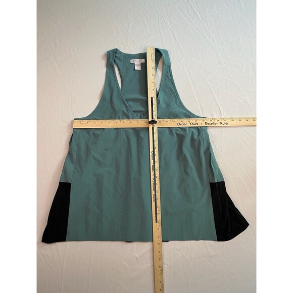 Athleta Swing Forward Pleated Tank Top Womens Size Large Green Black Ruffled EUC - Picture 2 of 9